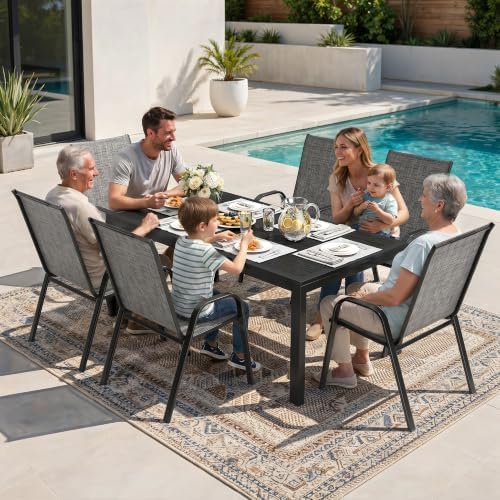 7PCS Patio Dining Set, Steel Table & 6 Textilene Chairs - Image 2