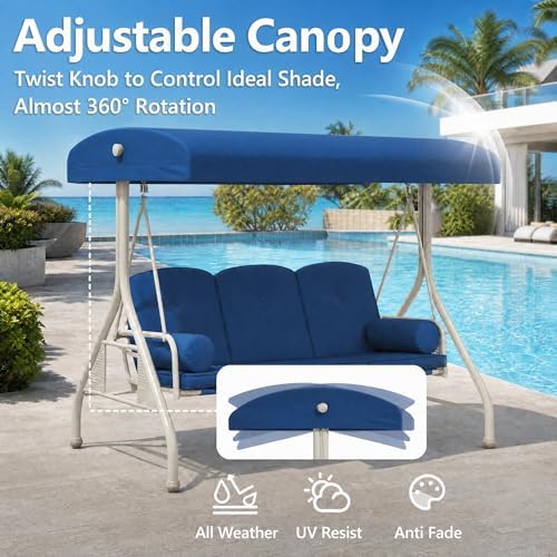 Patio Swings with Canopy, Modern Porch Swing with Stand, 3 Person Outdoor Swing - Image 5