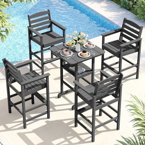 SERWALL 5 Pcs HDPE Bar Height Chairs and Double Layer Pub Table Set by SERWALL