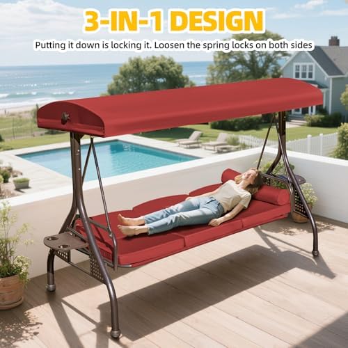 3-seat Patio Swing with Canopy, Convertible Outdoor Swing Bed with Thick - Image 2