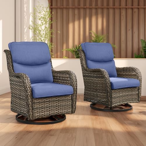 Outdoor Wicker Swivel Rocker Patio Chairs Set of 2, Cushion Smile Blue - Image 2