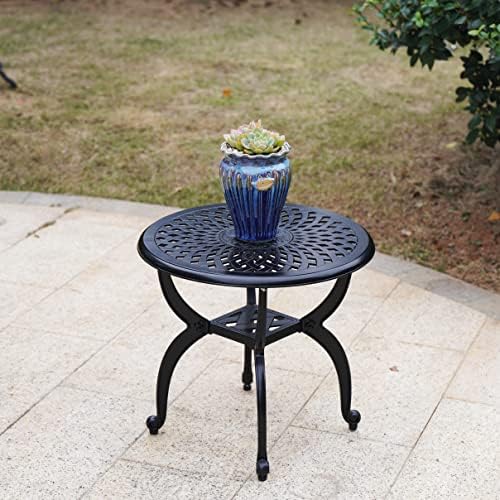 Mandolin Black Cast Aluminum Round Outdoor Patio Coffee End Table - Image 2