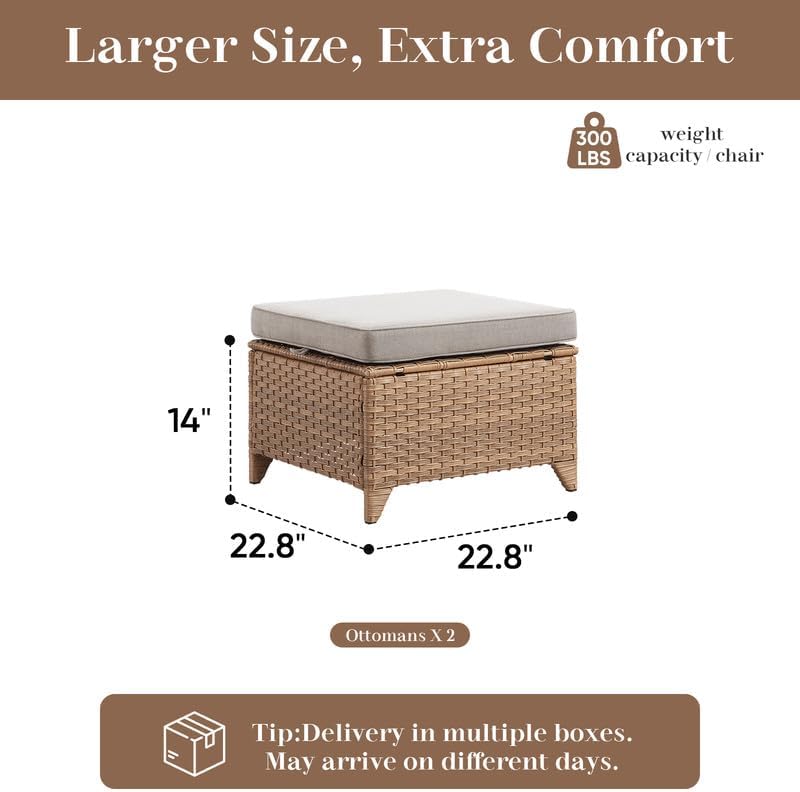 Luxury Outdoor Wicker Patio Ottomans Set of 2, 250 lbs Capacity Rattan Large - Image 2