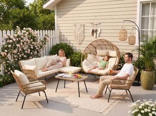6 Piece Boho Patio Furniture Set, 500lbs Heavy Duty Wicker Outdoor Sectional - Image 2