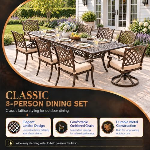 9 Piece Outdoor Dining Set Cast Aluminum Patio Furniture Set, Retro Patio - Image 4