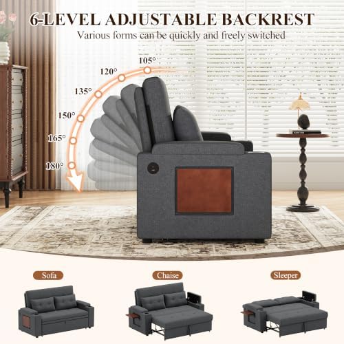 MALOL 65'' Convertible Futon Sofa Bed, 3-in-1 Pull Out Couch, Dark Grey - Image 5
