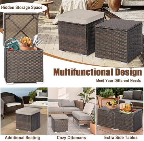 RELAX4LIFE Wicker Outdoor Storage Ottoman, 2-Piece Rattan Footstool w/Removable - Image 7