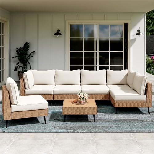 Outdoor Patio Furniture, 7 Piece Outdoor Sectional Sofa PE Rattan Wicker Patio by LAUSAINTHOME