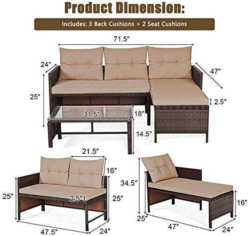 Tangkula Patio Corner Sofa Set 3 Piece, Outdoor Rattan Sofa Set, Includes - Image 5