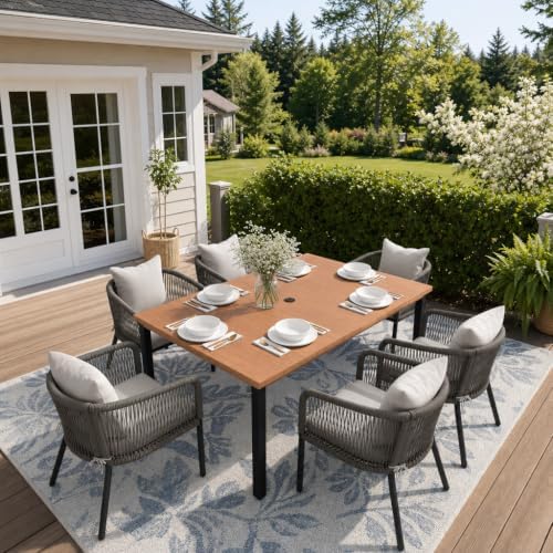 Patio Dining Set, Rectangle Table & Wheat Cushioned Wicker Chairs by ProvideOutdoorSolutions