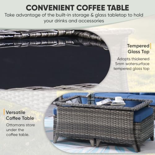 Patio Coffee Table Outdoor Rectangular Glass Table, Handwoven Rattan Patio - Image 5
