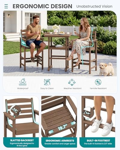 SERWALL 3 Pcs HDPE Bar Height Chairs and Double Layer Pub Table Set - Image 4