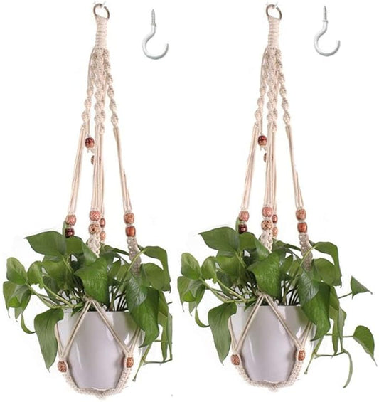 Belit Macrame Plant Hangers Indoor Outdoor 2 Pack Hanging Planters Basket with 2 Hooks Decorative Flower Pots Stand Home Decor