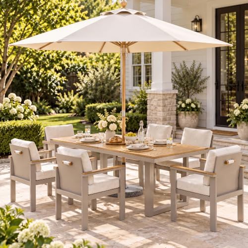 homary 118" Outdoor Dining Table, Teak Top, Light Grey Frame, Umbrella Hole - Image 7