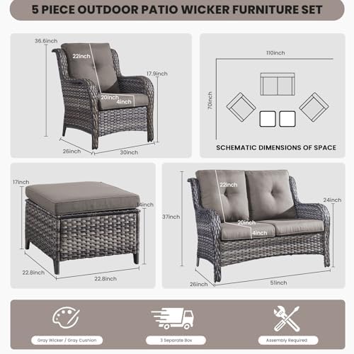 Belord Outdoor Wicker Furniture 5 Pieces Patio Furniture Set Patio Wicker Chairs - Image 2