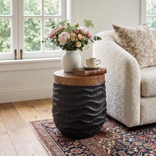 COSIEST Outdoor Side Table w Faux-Wood Top, Hand Painted Concrete Table - Image 3