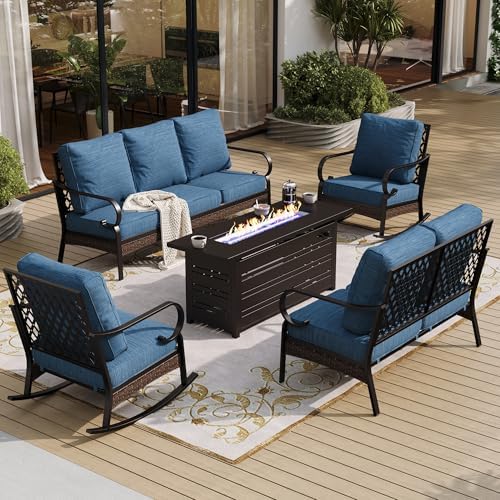 Metal Patio Furniture Set with Fire Pit Table, Peacock Blue by SUNSHINEVALLEY