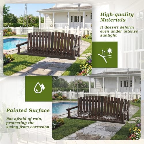 Grepatio 5FT Outdoor Wooden Porch Swing, 3 Person Patio Hanging Bench, Heavy - Image 4