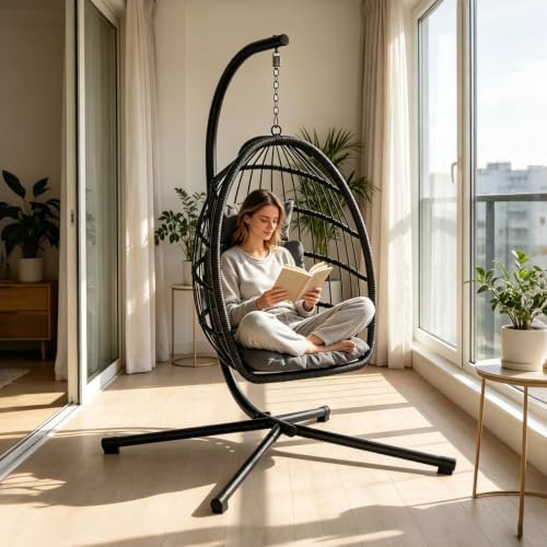 Hanging Egg Chair with Stand, Foldable Swing Egg Chair（Gray） by Unknown