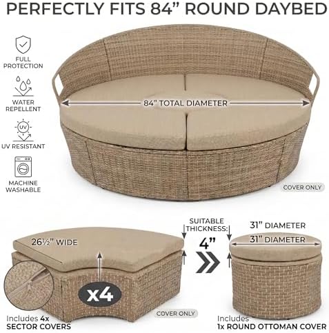 84" Outdoor Round Daybed Cover Replacement -5 Set- Wate Repellent & Fade - Image 2
