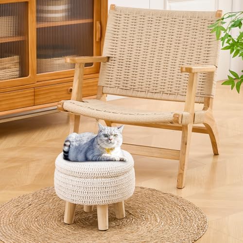 13" Round Handmade Cotton Knitted Boho Small Storage Ottoman - Image 2