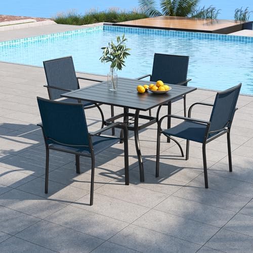 5 Piece Outdoor Patio 35" Square Table and Navy Blue Stackable Chairs Set by Anmutig