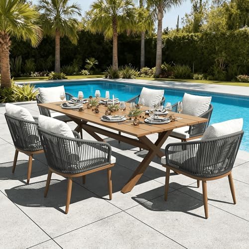 7 Pieces Outdoor Patio Dining Set, Aluminium Rectangular Dining Table and by LayinSun