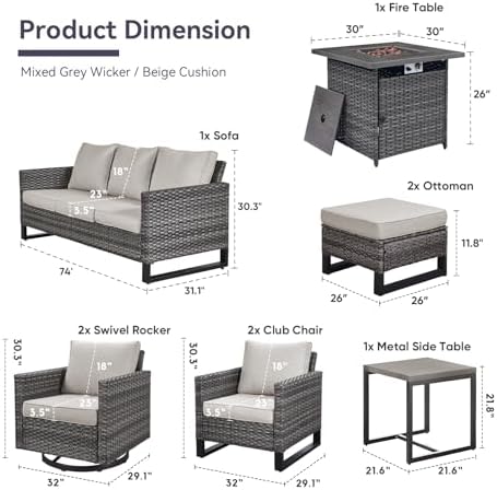 Patio Furniture Set with Fire Pit Table: 9 Pieces Wicker Oversize Patio - Image 2