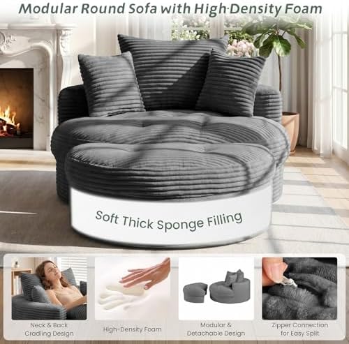 Oversized Round Chaise Lounge Chair, Deep Seat Cloud Boneless Floor Sofa Couch - Image 6