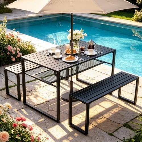 49" Metal Patio Dining Set w/ Umbrella Hole, Storage Shelf - Image 2