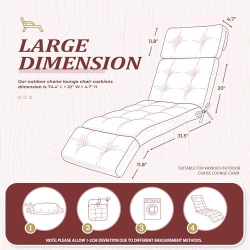 Chaise Lounge Cushion Outdoor, 74.4" x 22", Waterproof, Dark Red - Image 2