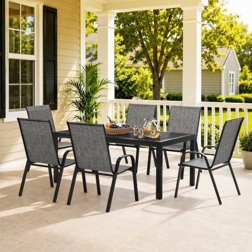 7PCS Patio Dining Set, Steel Table & 6 Textilene Chairs - Image 3