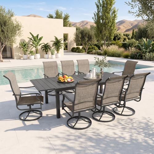 PHI VILLA Outdoor Dining Set for 8, Expandable Patio Table & Swivel Chairs by PHIVILLA