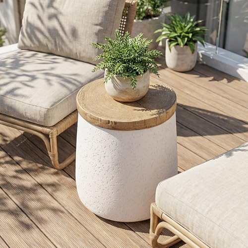 COSIEST Drum End Table Cylinder Shaped Concrete Side Table Faux-Wood Top by COSIEST