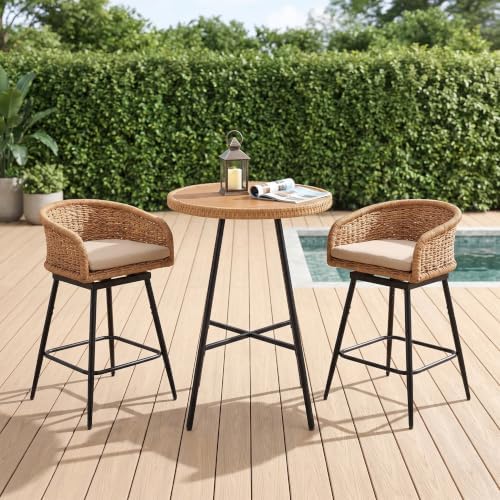 3-Piece Outdoor Wicker Bar Table Set, 2 Swivel Bar Stools/Khaki by DAYALANE