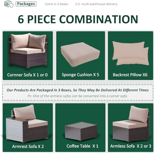 6 PCS Outdoor Patio Furniture Set, Outdoor Sectional Furniture All Weather PE - Image 6