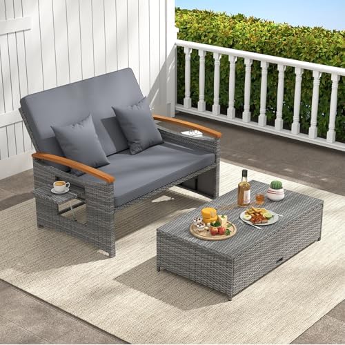 HAPPYGRILL Outdoor Wicker Sofa Daybed, Rattan Loveseat - Image 2