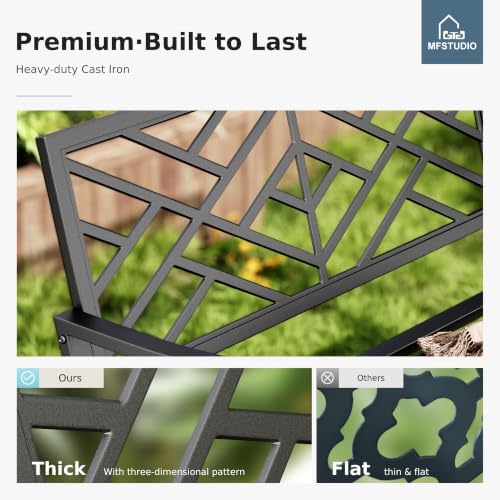 MFSTUDIO 43.7” Cast Iron Outdoor Garden Bench, Geometric Backrest - Image 4