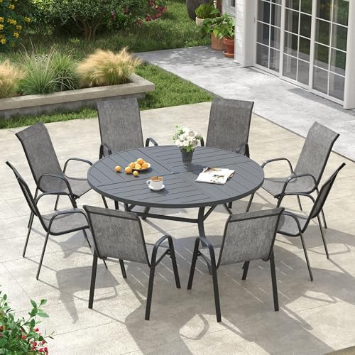 VICLLAX Patio Dining Set, 8 Grey Stackable Chair & 53.1" Dark Grey Table by HOME