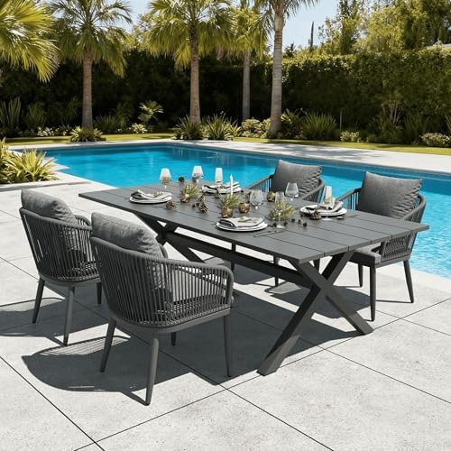5 Pieces Outdoor Patio Dining Set, Aluminium Rectangular Dining Table and by LayinSun