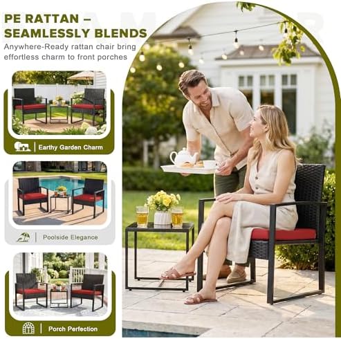 Flamaker 3 Pieces Patio Furniture Set Outdoor Wicker Bistro Chair - Image 4