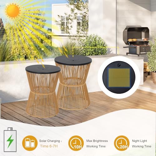 Solar Outdoor Side Table for Patio, Plastic Rattan End Table Set of 2 - Image 3