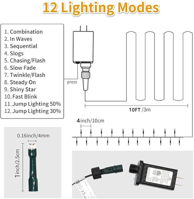 Christmas Tree Light 200 LEDs 73ft Green Cable Wire Fairy String Twinkle Lights Plug in 12 Modes for Xmas Party, Indoor,Outdoor, Garden, Wedding, Home Decoration (Multi Color)