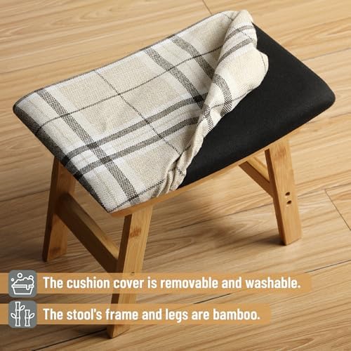 BAMBOO LAND- Bamboo Foot Stools Ottoman, Stripes Beige Cushion & Natural Wood - Image 5