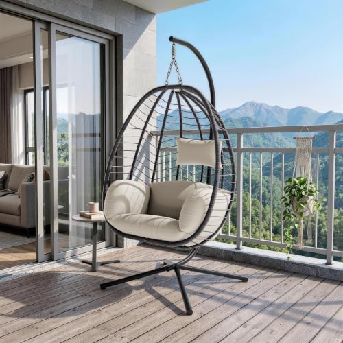 Foldable Egg Chair with Stand, 485LBS Capacity Wicker Rattan Hammock Swing Chair - Image 4