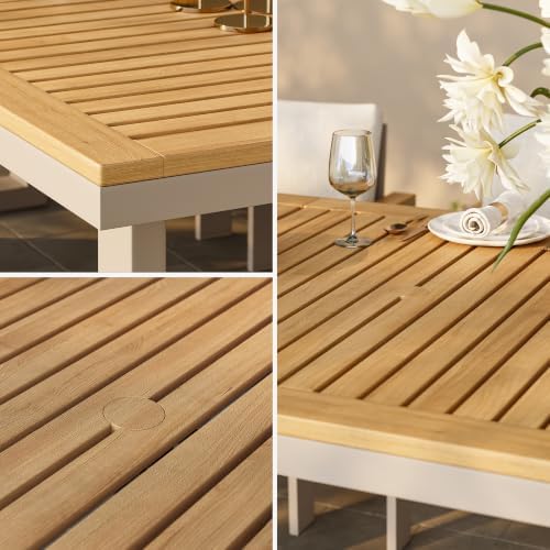 homary 118" Outdoor Dining Table, Teak Top, Light Grey Frame, Umbrella Hole - Image 4