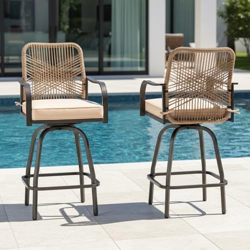 Outdoor Wicker Bar Stools Set of 2, Patio Bar Swivel Chairs by STRPRETTYBASIC