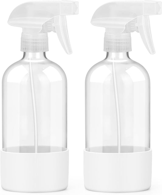 2 Pack Glass Spray Bottles with Silicone Sleeve, 16 oz Empty Refillable Containers with Adjustable Spray Nozzles, Spray Bottles for Hair, Cleaning Solutions and Plants White