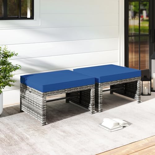 HAPPYGRILL Patio Ottomans Set of 2, PE Rattan Footstools - Image 3