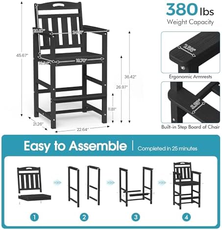 Ciokea Bar Height Adirondack Chair, 380lbs Heavy Duty Tall Bar Chair Patio Stool - Image 3